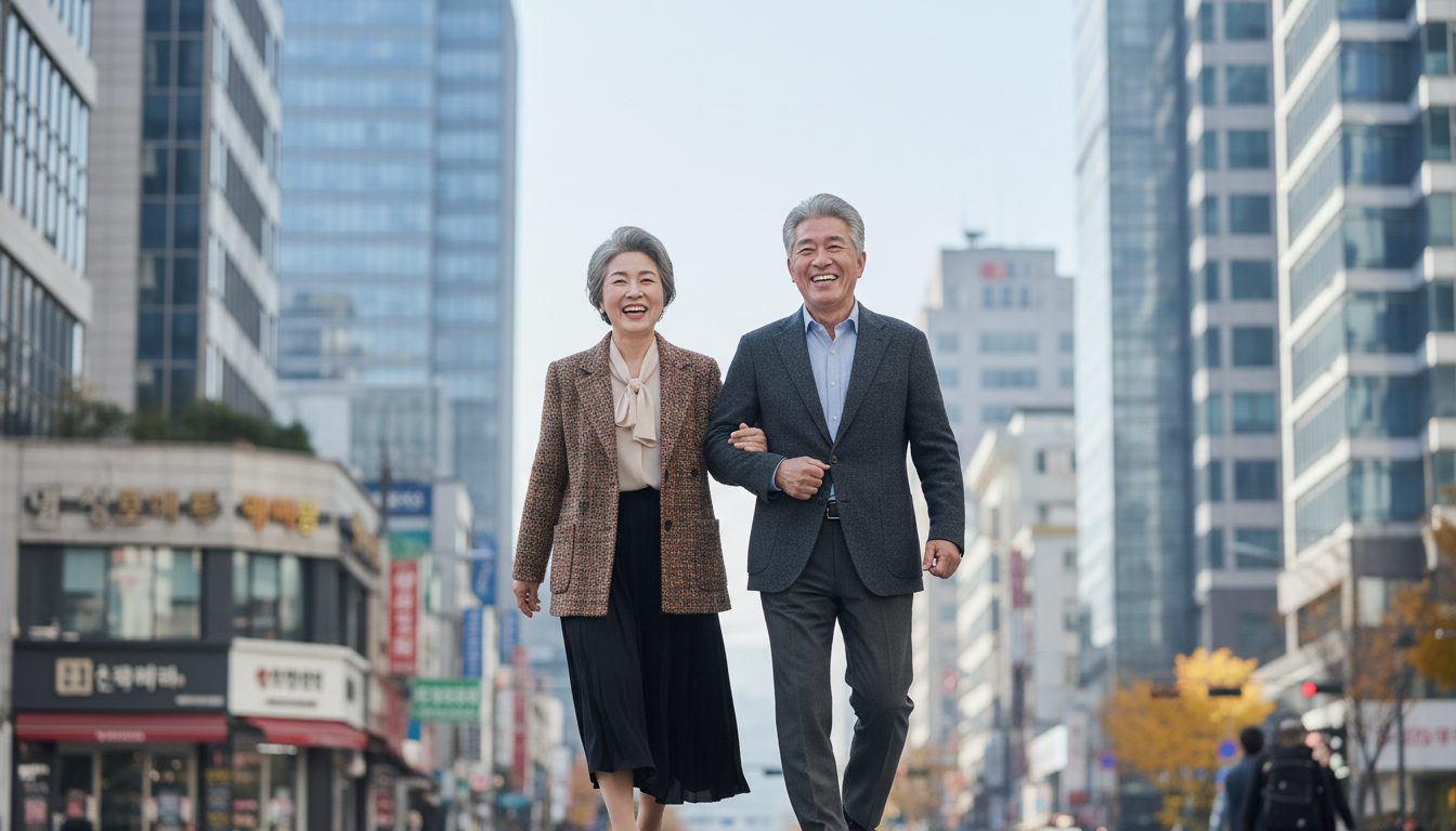 도심 빌딩을 배경으로 활기차게 걷는 노부부