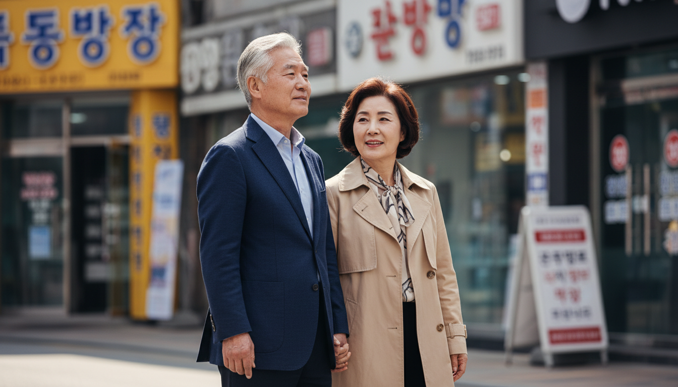 한글 간판 거리에서 산책하는 노년층