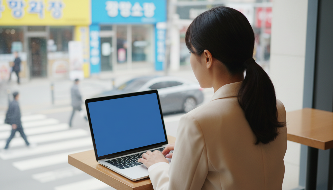 카페 창가에서 노트북을 사용하는 여성